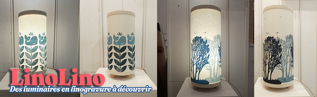 Des colonnes lumineuses en linogravure et cyanotype par l'artiste LinoLino